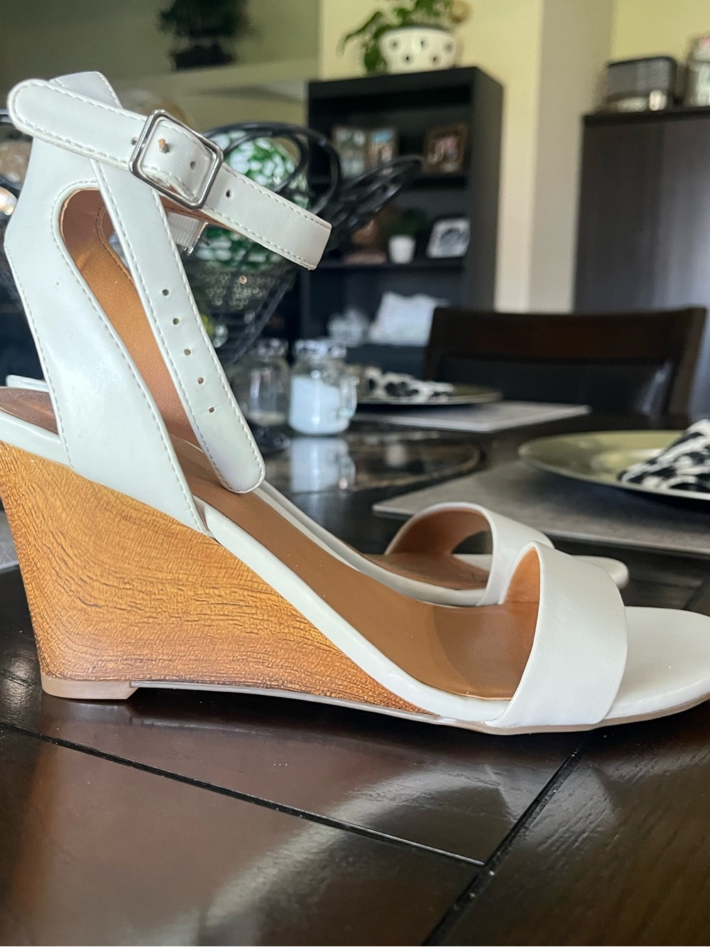 Nine West White Leather Ankle-Strap Wedge Sandals with Wood-Effect Heel